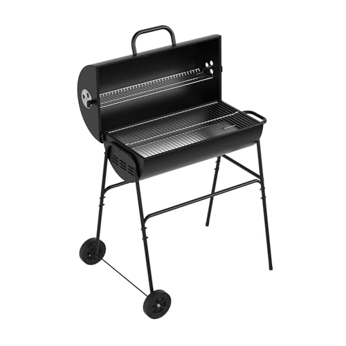 House Of Home XL Barrel Charcoal BBQ Grill – Large Black Smoker with Thermometer, Wheels, Ash Catcher & Side Vents – Portable Garden Coal Barbecue for Outdoor Cooking