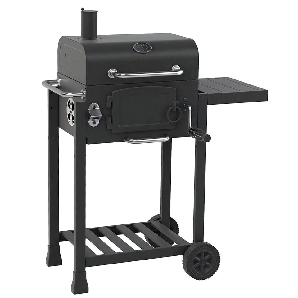 CosmoGrill Outdoor Jr. Smoker Barbecue Charcoal Portable BBQ Grill, Built-in Thermometer, Adjustable Charcoal Pan and Chimney, Wheels, Storage | Compact Coal BBQ Smoker for Home Garden Party Cooking