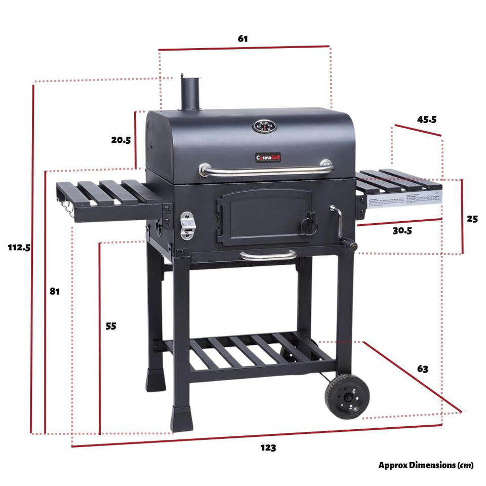CosmoGrill Outdoor XL Smoker Barbecue Charcoal Portable BBQ Grill, 2 Folding Side Table, Built-in Thermometer, Adjustable Charcoal Pan & Chimney, Wheels, Large Coal BBQ Smoker for Home Garden Cooking