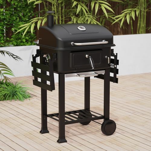 House Of Home XL Charcoal BBQ Smoker with Side Tables – Barbecue Grill for Outdoor Cooking – Adjustable Chimney For Airflow Control, Portable & Durable – Extra Large Black Garden BBQ Grill