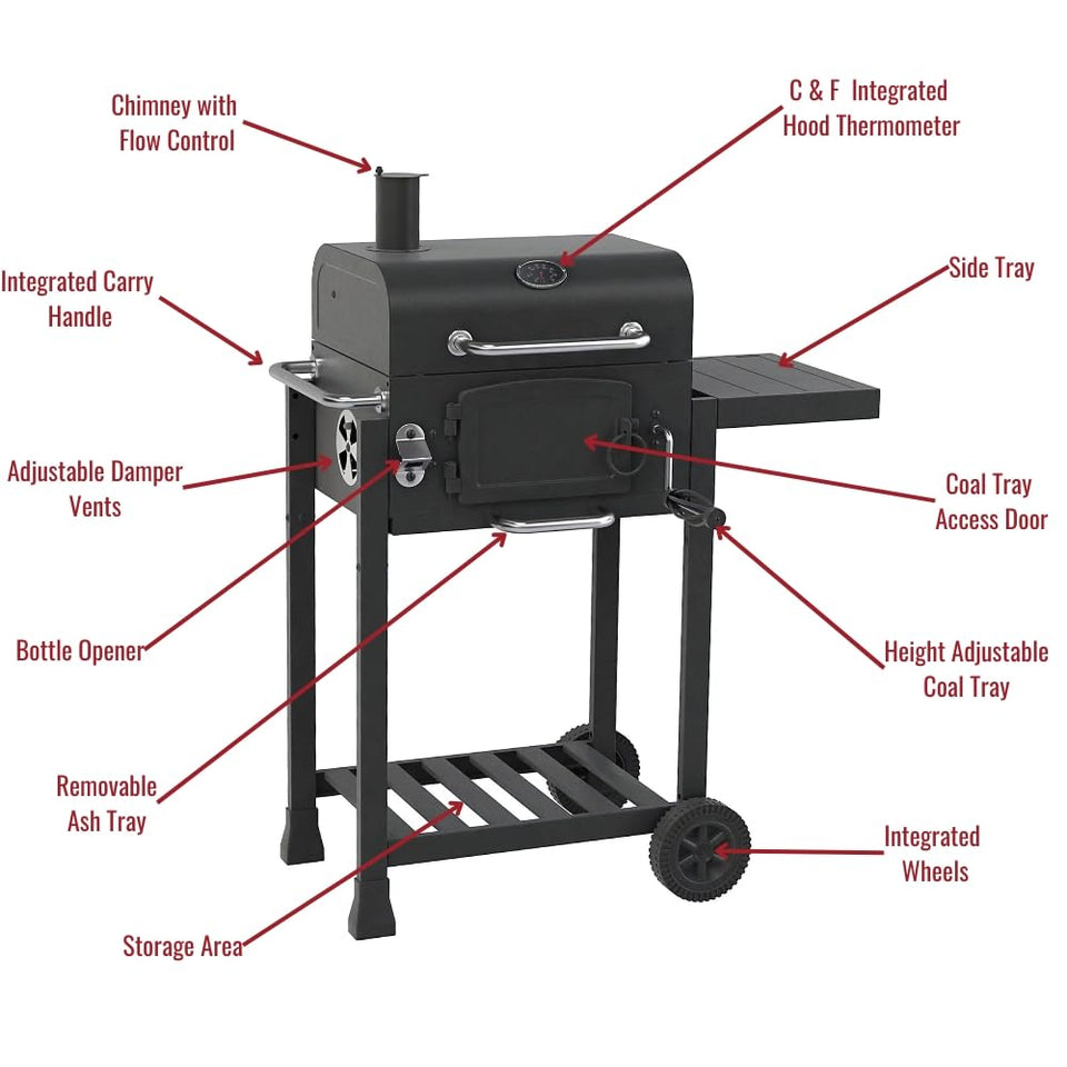 CosmoGrill Outdoor Jr. Smoker Barbecue Charcoal Portable BBQ Grill, Built-in Thermometer, Adjustable Charcoal Pan and Chimney, Wheels, Storage | Compact Coal BBQ Smoker for Home Garden Party Cooking