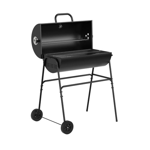 House Of Home XL Barrel Charcoal BBQ Grill – Large Black Smoker with Thermometer, Wheels, Ash Catcher & Side Vents – Portable Garden Coal Barbecue for Outdoor Cooking