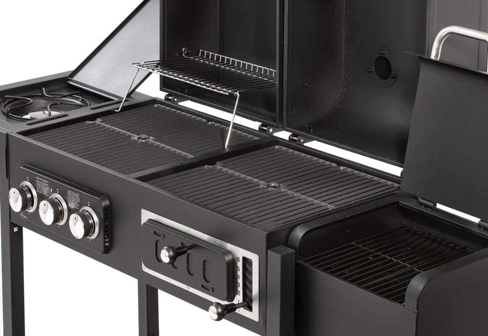 CosmoGrill Hybrid 4 Burner Barbecue with Waterproof Cover | DUO Dual Fuel BBQ 3+1 Gas Grill and Charcoal Smoker BBQ Grill, Thermometer, Warming Rack | Outdoor Portable Dual Fuel Large Coal Barbecue