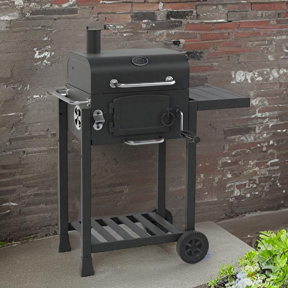 CosmoGrill Outdoor Jr. Smoker Barbecue Charcoal Portable BBQ Grill, Built-in Thermometer, Adjustable Charcoal Pan and Chimney, Wheels, Storage | Compact Coal BBQ Smoker for Home Garden Party Cooking