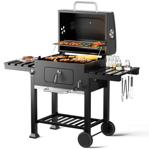 DKIEI BBQ Grill, Outdoor XXL Portable Charcoal Barbecue Grill, Wheels & 2 Folding Table, Thermometer & Adjustable Charcoal Pan, Large Coal Barbeque Grill Smoker for Parties, Patio, Garden Home Cooking