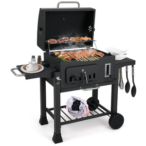 COSTWAY Charcoal BBQ Grill, Portable Smoker Barbecue Griller with Hooks, Wheels, Foldable Side Tables & Thermometer, Outdoor Garden Picnic Adjustable Barbecue Trolley (with 2 Side Table, 132x57x106cm)