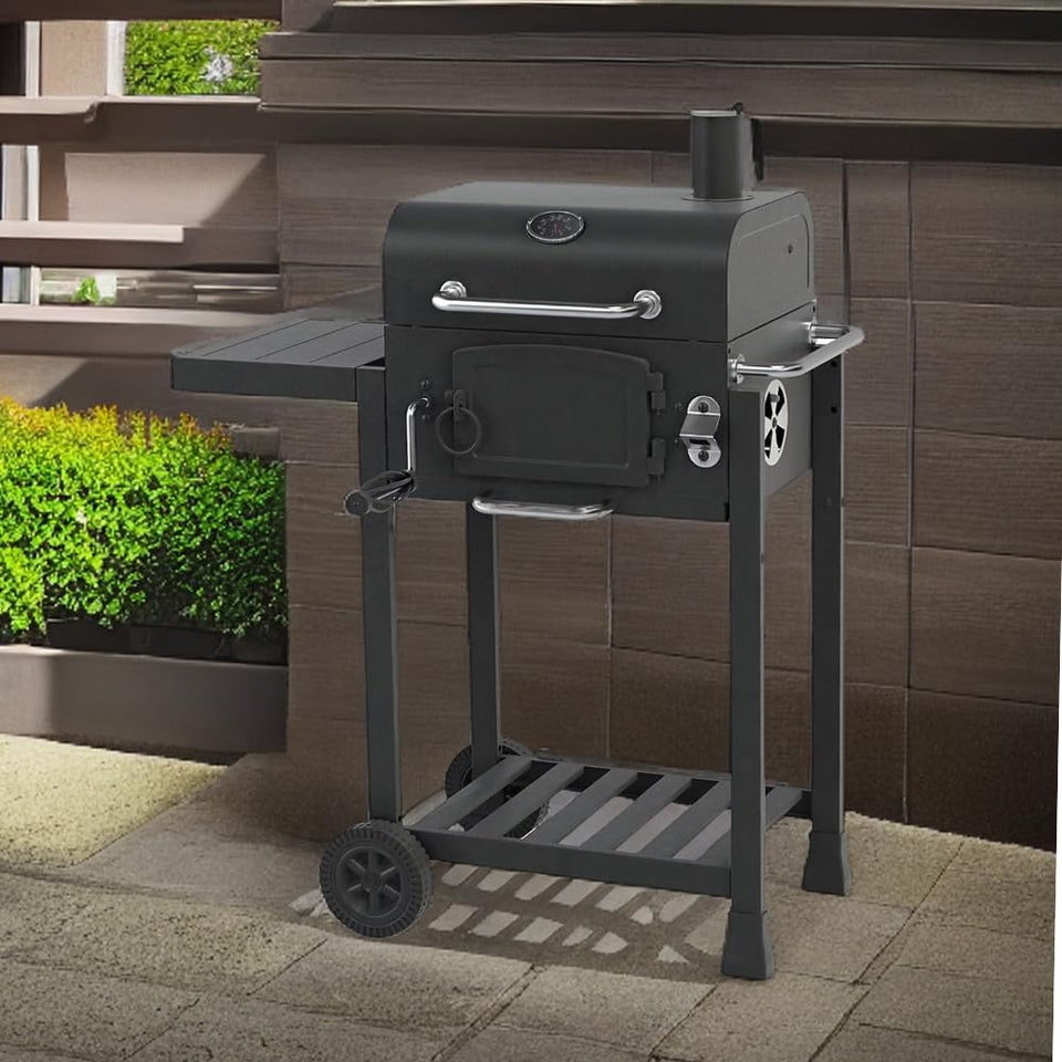CosmoGrill Outdoor Jr. Smoker Barbecue Charcoal Portable BBQ Grill, Built-in Thermometer, Adjustable Charcoal Pan and Chimney, Wheels, Storage | Compact Coal BBQ Smoker for Home Garden Party Cooking