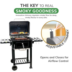 House Of Home XL Charcoal BBQ Smoker with Side Tables – Barbecue Grill for Outdoor Cooking – Adjustable Chimney For Airflow Control, Portable & Durable – Extra Large Black Garden BBQ Grill