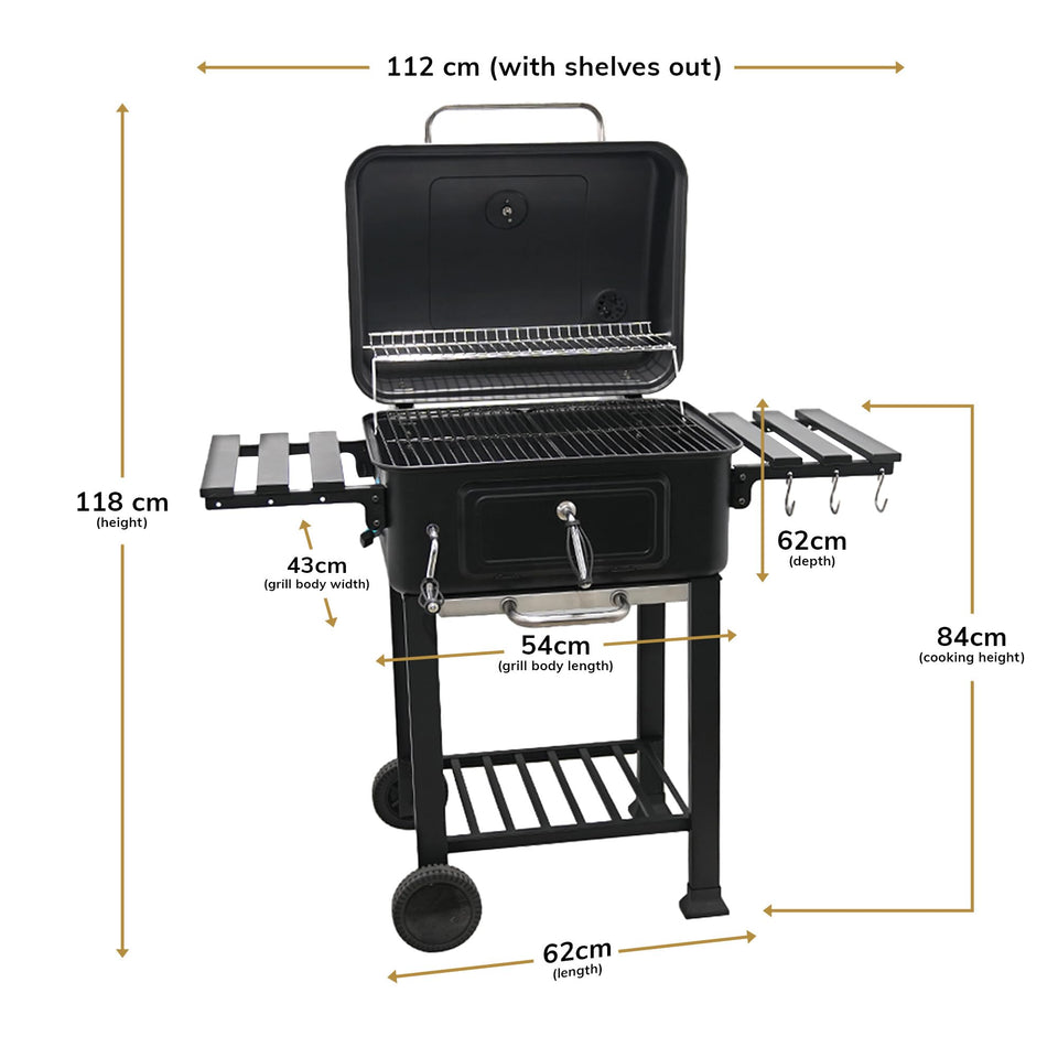 House Of Home XL Charcoal BBQ Smoker with Side Tables – Barbecue Grill for Outdoor Cooking – Adjustable Chimney For Airflow Control, Portable & Durable – Extra Large Black Garden BBQ Grill