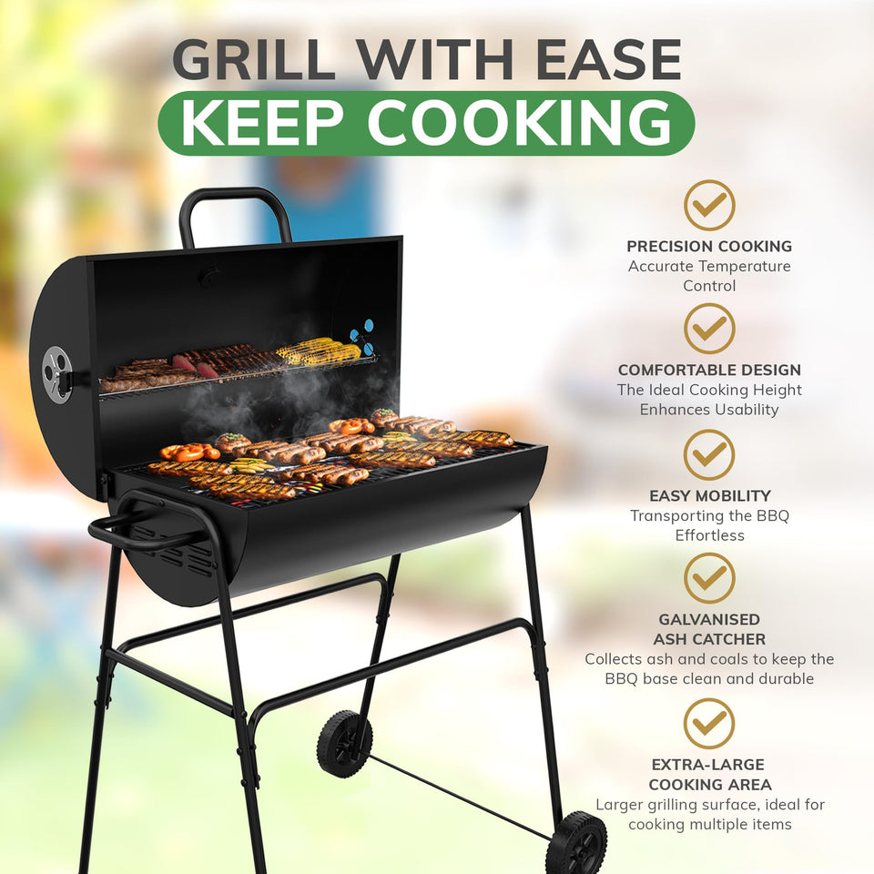 House Of Home XL Barrel Charcoal BBQ Grill – Large Black Smoker with Thermometer, Wheels, Ash Catcher & Side Vents – Portable Garden Coal Barbecue for Outdoor Cooking