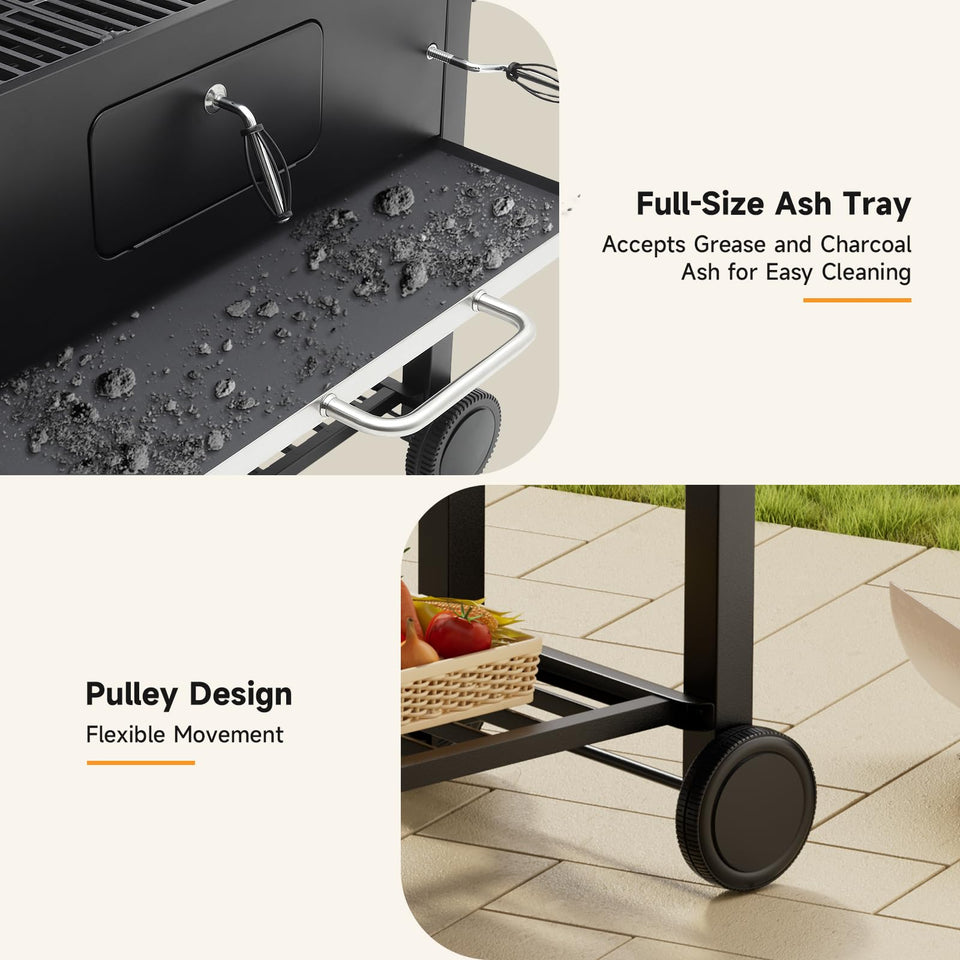 DKIEI BBQ Grill, Outdoor XXL Portable Charcoal Barbecue Grill, Wheels & 2 Folding Table, Thermometer & Adjustable Charcoal Pan, Large Coal Barbeque Grill Smoker for Parties, Patio, Garden Home Cooking