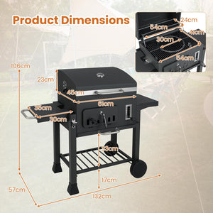 COSTWAY Charcoal BBQ Grill, Portable Smoker Barbecue Griller with Hooks, Wheels, Foldable Side Tables & Thermometer, Outdoor Garden Picnic Adjustable Barbecue Trolley (with 2 Side Table, 132x57x106cm)