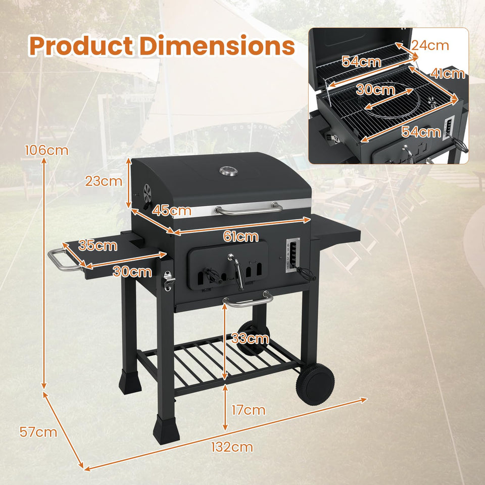 COSTWAY Charcoal BBQ Grill, Portable Smoker Barbecue Griller with Hooks, Wheels, Foldable Side Tables & Thermometer, Outdoor Garden Picnic Adjustable Barbecue Trolley (with 2 Side Table, 132x57x106cm)