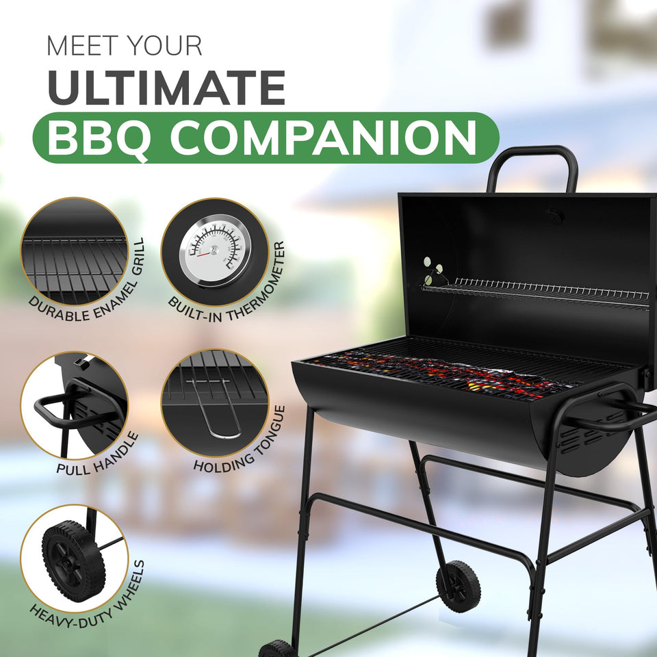 House Of Home XL Barrel Charcoal BBQ Grill – Large Black Smoker with Thermometer, Wheels, Ash Catcher & Side Vents – Portable Garden Coal Barbecue for Outdoor Cooking