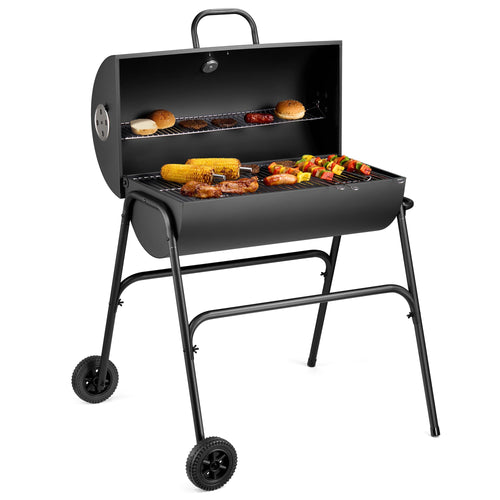 VonHaus Charcoal BBQ – Portable Barrel Barbecue with Warming Rack, Temperature Gauge, Wheels, Large Cooking Grill, Air Vents – 2 in 1 Barbeque and Smoker – Grill Meat, Fish & Vegetables