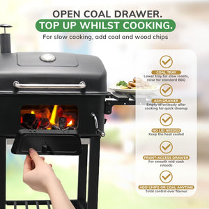 House Of Home XL Charcoal BBQ Smoker with Side Tables – Barbecue Grill for Outdoor Cooking – Adjustable Chimney For Airflow Control, Portable & Durable – Extra Large Black Garden BBQ Grill