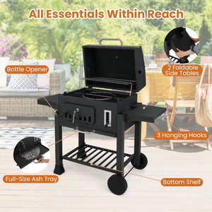 COSTWAY Charcoal BBQ Grill, Portable Smoker Barbecue Griller with Hooks, Wheels, Foldable Side Tables & Thermometer, Outdoor Garden Picnic Adjustable Barbecue Trolley (with 2 Side Table, 132x57x106cm)