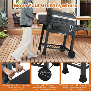 COSTWAY Charcoal BBQ Grill, Portable Smoker Barbecue Griller with Hooks, Wheels, Foldable Side Tables & Thermometer, Outdoor Garden Picnic Adjustable Barbecue Trolley (with 2 Side Table, 132x57x106cm)