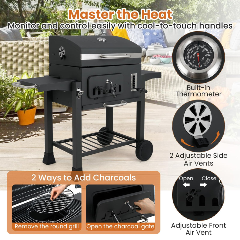 COSTWAY Charcoal BBQ Grill, Portable Smoker Barbecue Griller with Hooks, Wheels, Foldable Side Tables & Thermometer, Outdoor Garden Picnic Adjustable Barbecue Trolley (with 2 Side Table, 132x57x106cm)
