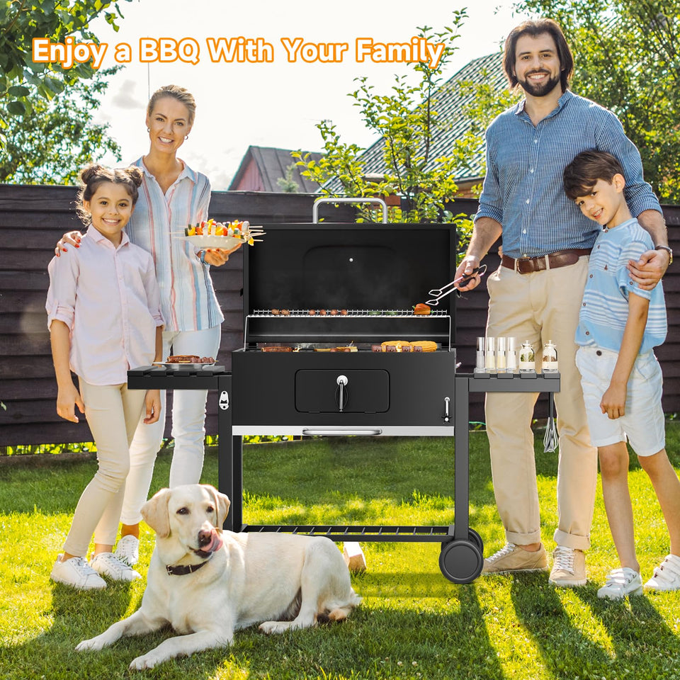 DKIEI BBQ Grill, Outdoor XXL Portable Charcoal Barbecue Grill, Wheels & 2 Folding Table, Thermometer & Adjustable Charcoal Pan, Large Coal Barbeque Grill Smoker for Parties, Patio, Garden Home Cooking