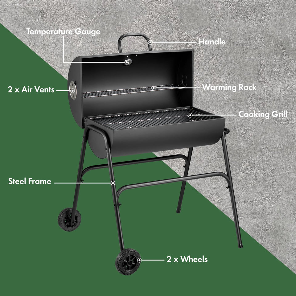 VonHaus Charcoal BBQ – Portable Barrel Barbecue with Warming Rack, Temperature Gauge, Wheels, Large Cooking Grill, Air Vents – 2 in 1 Barbeque and Smoker – Grill Meat, Fish & Vegetables