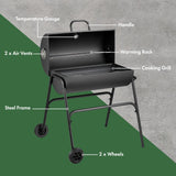 VonHaus Charcoal BBQ – Portable Barrel Barbecue with Warming Rack, Temperature Gauge, Wheels, Large Cooking Grill, Air Vents – 2 in 1 Barbeque and Smoker – Grill Meat, Fish & Vegetables