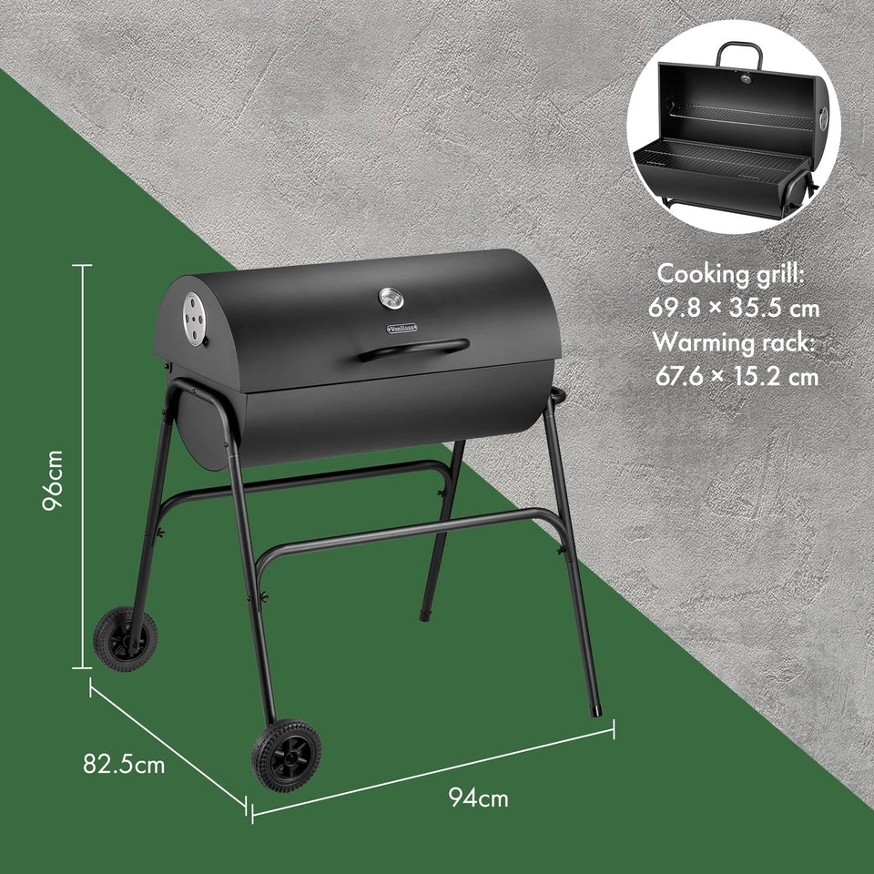VonHaus Charcoal BBQ – Portable Barrel Barbecue with Warming Rack, Temperature Gauge, Wheels, Large Cooking Grill, Air Vents – 2 in 1 Barbeque and Smoker – Grill Meat, Fish & Vegetables