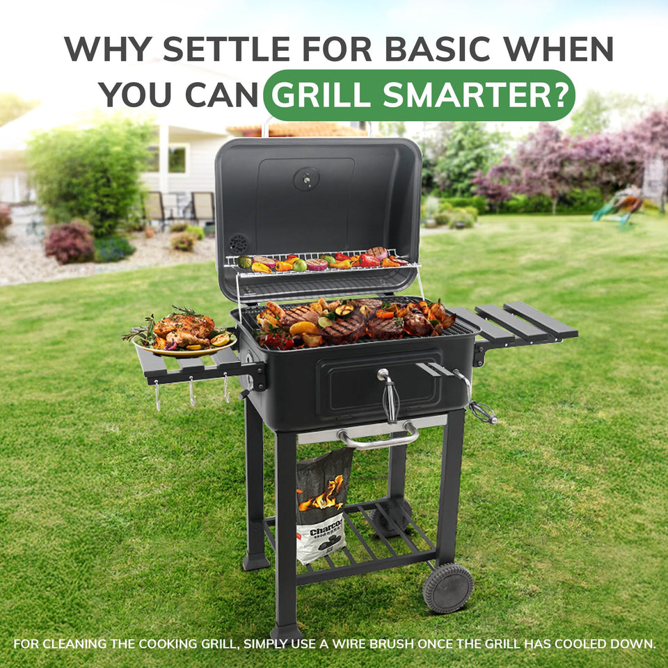 House Of Home XL Charcoal BBQ Smoker with Side Tables – Barbecue Grill for Outdoor Cooking – Adjustable Chimney For Airflow Control, Portable & Durable – Extra Large Black Garden BBQ Grill