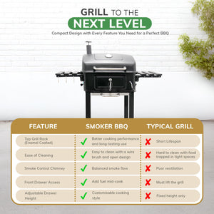House Of Home XL Charcoal BBQ Smoker with Side Tables – Barbecue Grill for Outdoor Cooking – Adjustable Chimney For Airflow Control, Portable & Durable – Extra Large Black Garden BBQ Grill