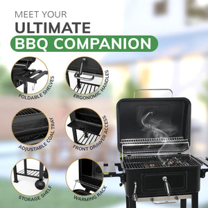 House Of Home XL Charcoal BBQ Smoker with Side Tables – Barbecue Grill for Outdoor Cooking – Adjustable Chimney For Airflow Control, Portable & Durable – Extra Large Black Garden BBQ Grill