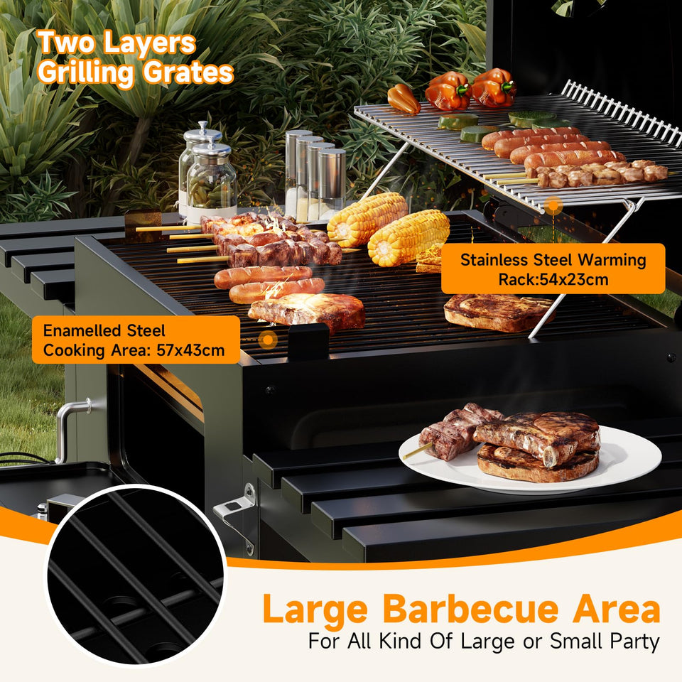 DKIEI BBQ Grill, Outdoor XXL Portable Charcoal Barbecue Grill, Wheels & 2 Folding Table, Thermometer & Adjustable Charcoal Pan, Large Coal Barbeque Grill Smoker for Parties, Patio, Garden Home Cooking