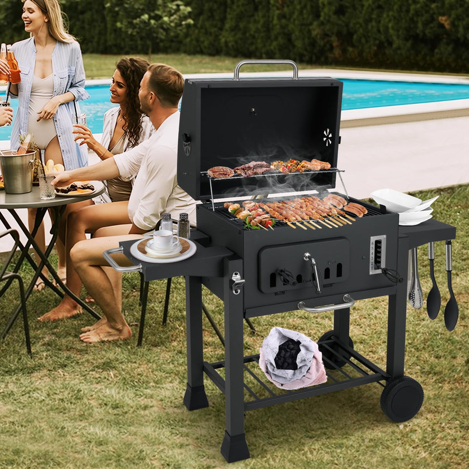 COSTWAY Charcoal BBQ Grill, Portable Smoker Barbecue Griller with Hooks, Wheels, Foldable Side Tables & Thermometer, Outdoor Garden Picnic Adjustable Barbecue Trolley (with 2 Side Table, 132x57x106cm)
