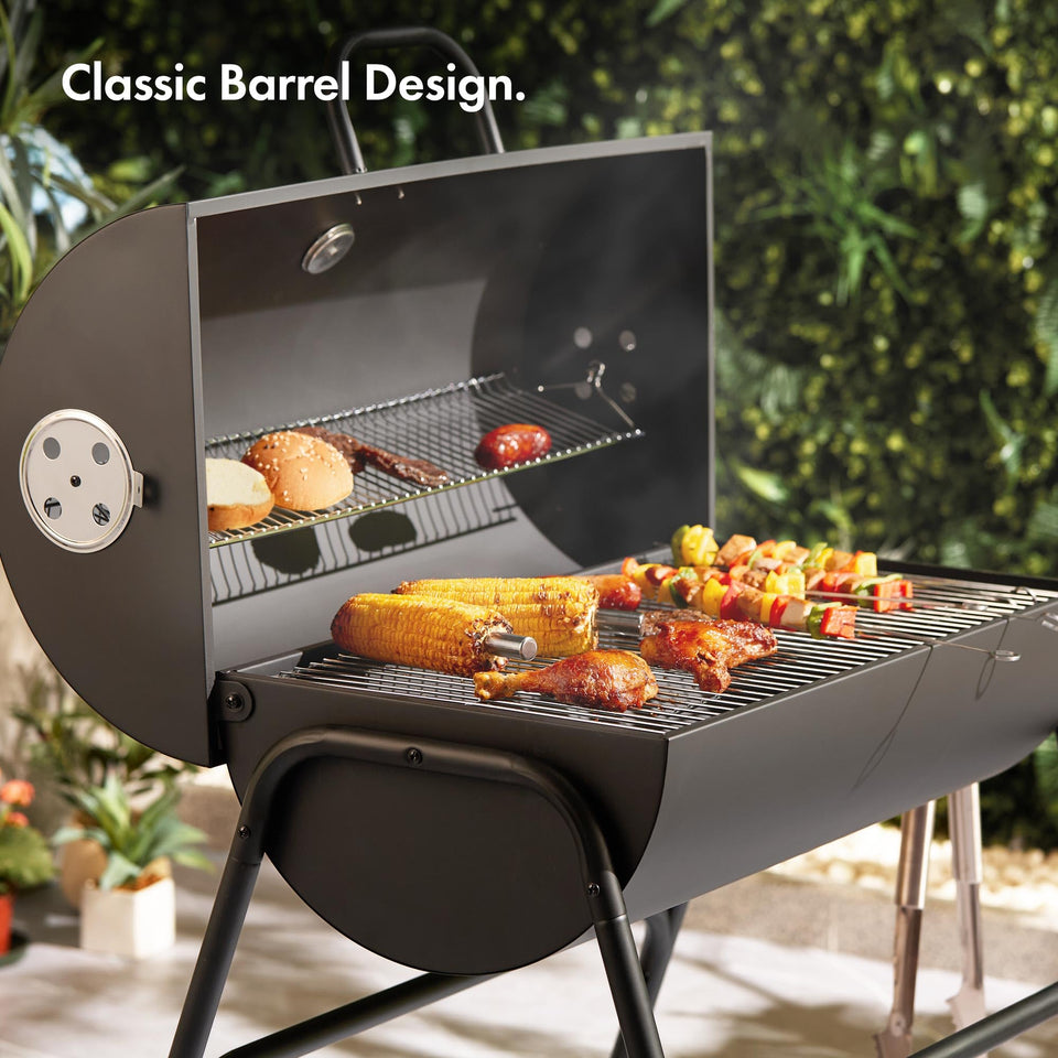 VonHaus Charcoal BBQ – Portable Barrel Barbecue with Warming Rack, Temperature Gauge, Wheels, Large Cooking Grill, Air Vents – 2 in 1 Barbeque and Smoker – Grill Meat, Fish & Vegetables