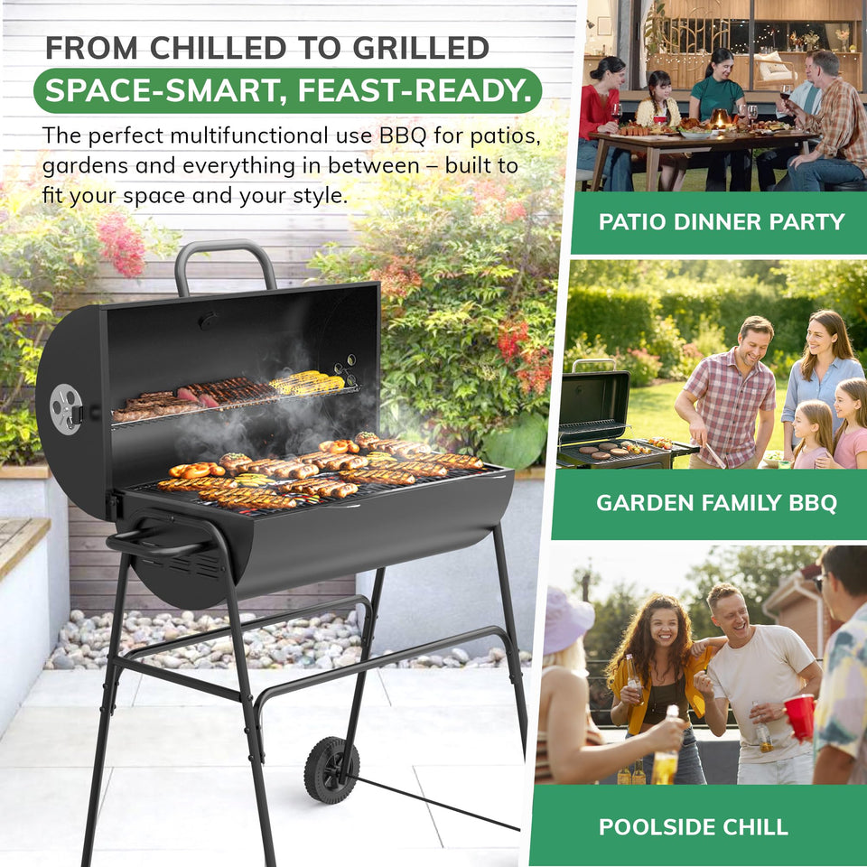 House Of Home XL Barrel Charcoal BBQ Grill – Large Black Smoker with Thermometer, Wheels, Ash Catcher & Side Vents – Portable Garden Coal Barbecue for Outdoor Cooking