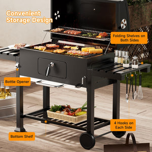 DKIEI BBQ Grill, Outdoor XXL Portable Charcoal Barbecue Grill, Wheels & 2 Folding Table, Thermometer & Adjustable Charcoal Pan, Large Coal Barbeque Grill Smoker for Parties, Patio, Garden Home Cooking