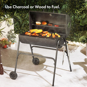VonHaus Charcoal BBQ – Portable Barrel Barbecue with Warming Rack, Temperature Gauge, Wheels, Large Cooking Grill, Air Vents – 2 in 1 Barbeque and Smoker – Grill Meat, Fish & Vegetables