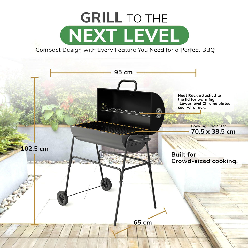 House Of Home XL Barrel Charcoal BBQ Grill – Large Black Smoker with Thermometer, Wheels, Ash Catcher & Side Vents – Portable Garden Coal Barbecue for Outdoor Cooking