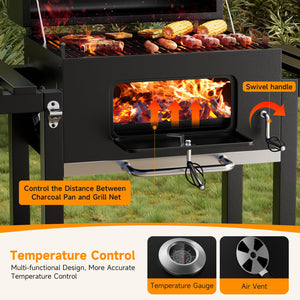 DKIEI BBQ Grill, Outdoor XXL Portable Charcoal Barbecue Grill, Wheels & 2 Folding Table, Thermometer & Adjustable Charcoal Pan, Large Coal Barbeque Grill Smoker for Parties, Patio, Garden Home Cooking
