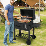 COSTWAY Charcoal BBQ Grill, Portable Smoker Barbecue Griller with Hooks, Wheels, Foldable Side Tables & Thermometer, Outdoor Garden Picnic Adjustable Barbecue Trolley (with 2 Side Table, 132x57x106cm)
